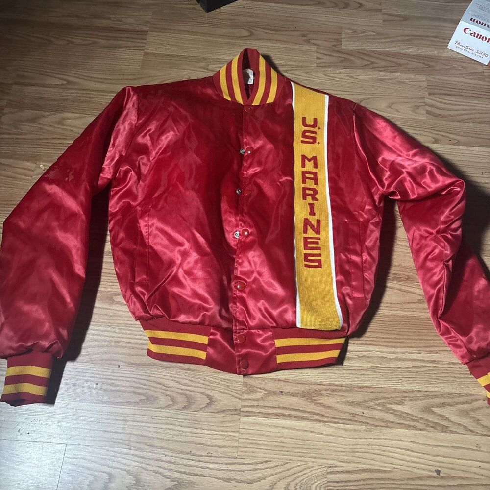 Vintage 80s US Marines Striped Full Button Satin Bomber Jacket USA Made Size Med